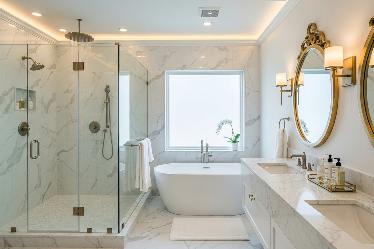 main marble bathroom with layered lighting