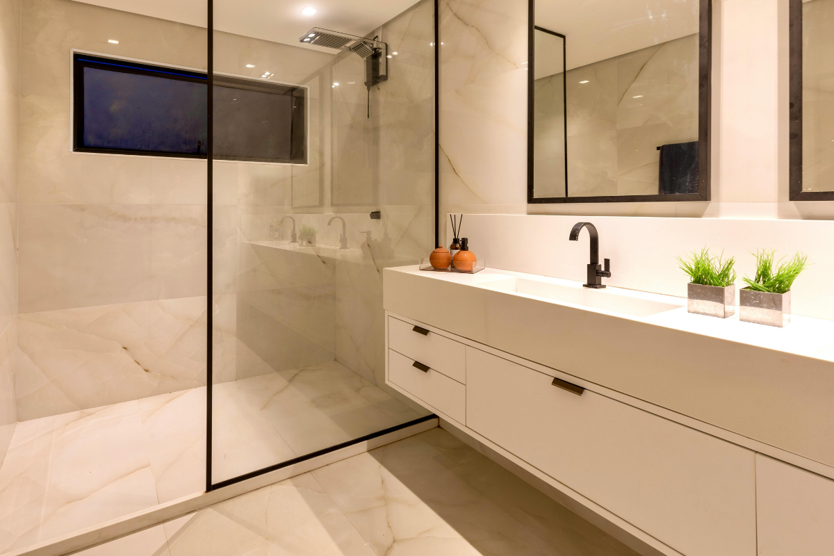 spa-inspired bathroom with floating vanity