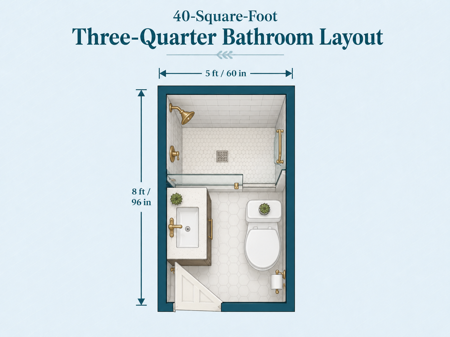 40-square-foot three-quarter bathroom floor plan layout 