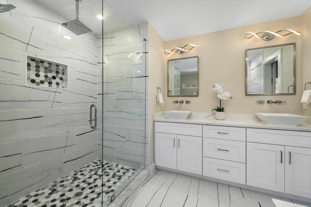 main bathroom lighting with spiral lighting fixtures over double-sink vanity