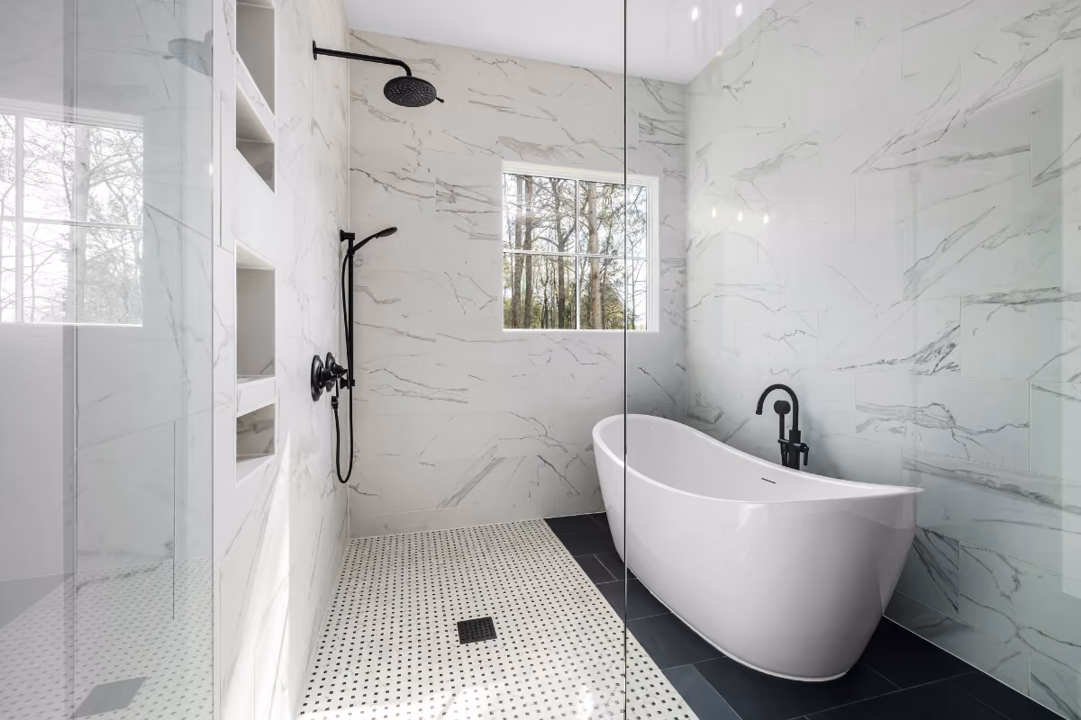 walk-in shower with non-porous shower wall