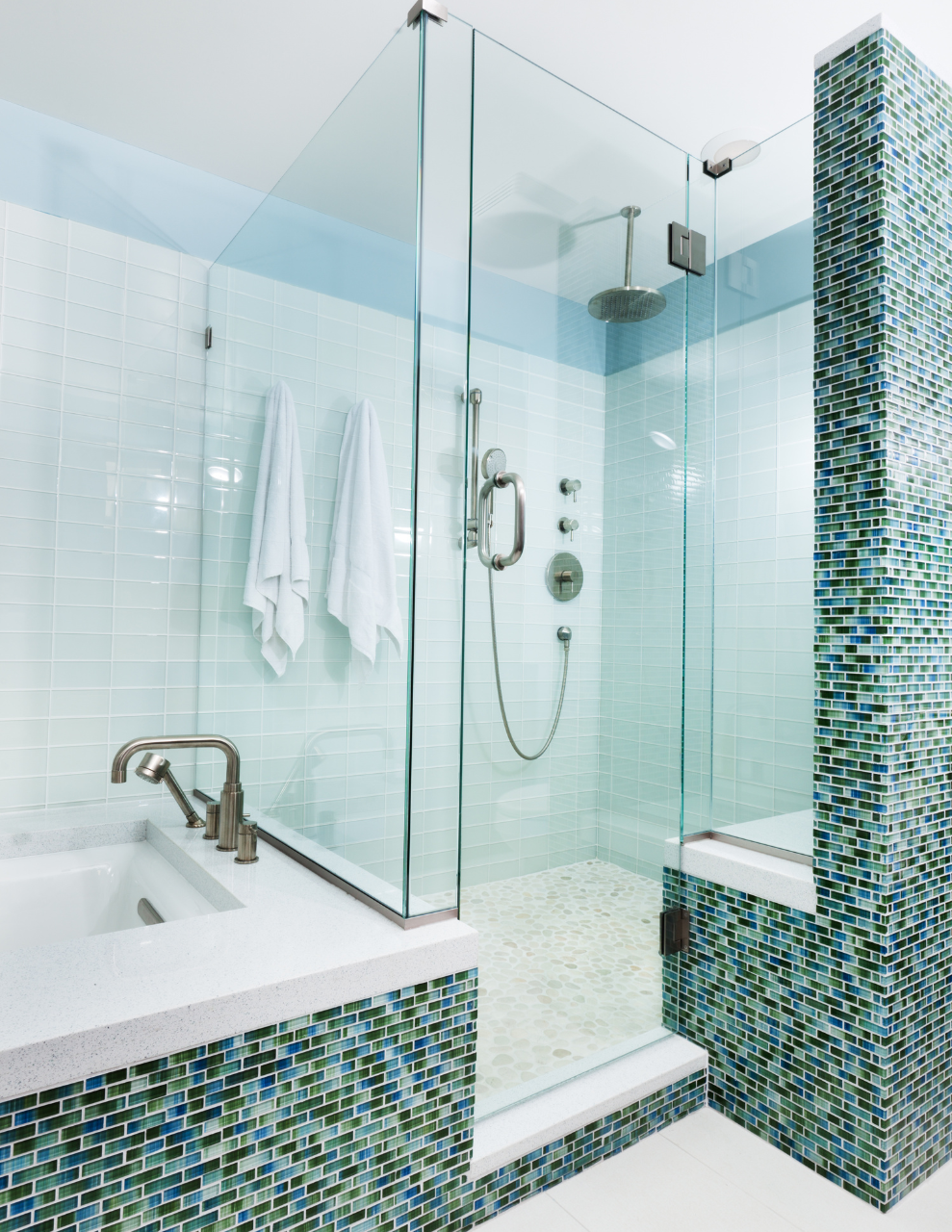shower with glass tile shower wall material