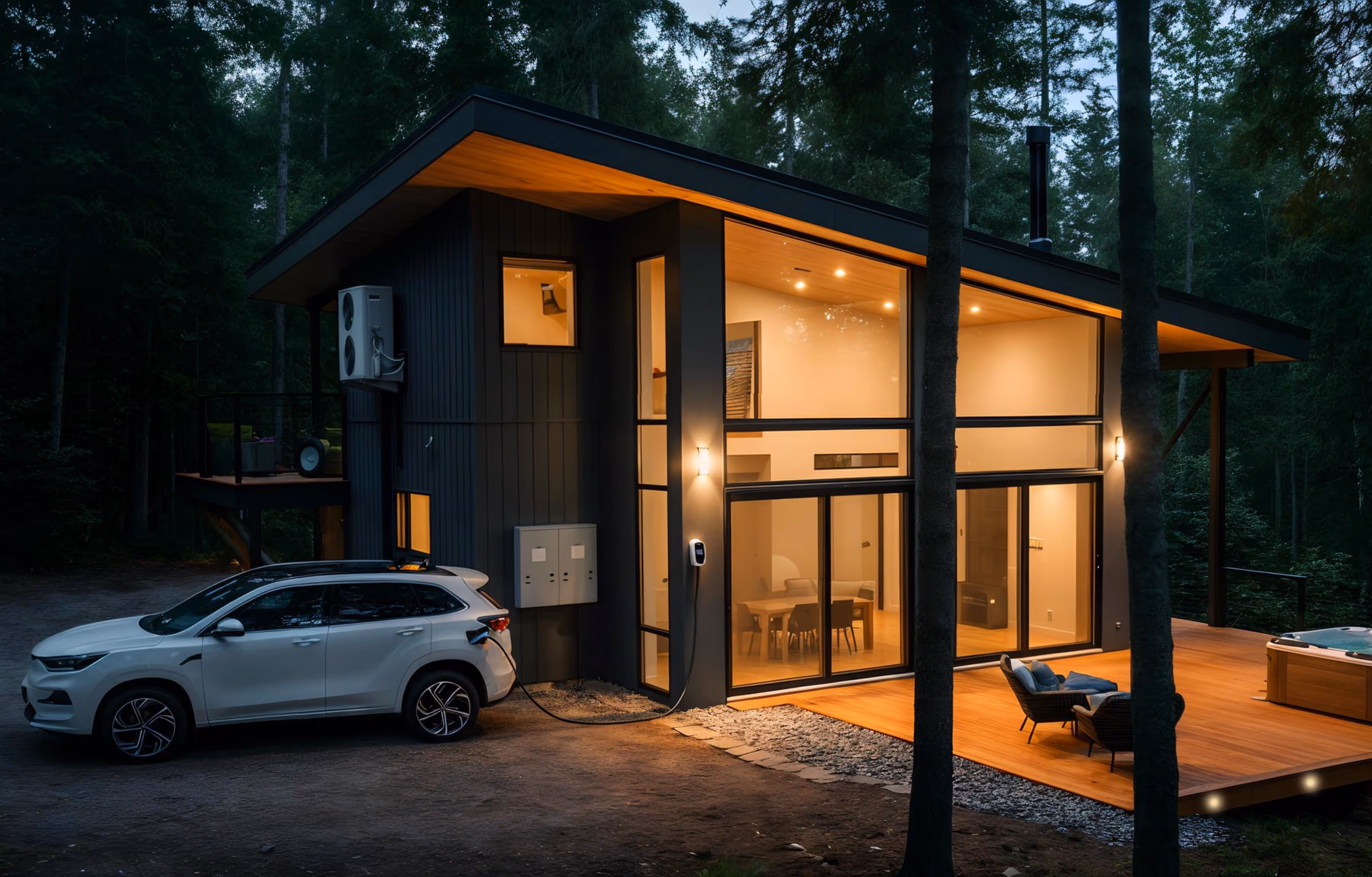 A beautiful well lit house with extrior lighing, interior lighting, air conditioning, security cameras and switchboards. there is an ev charger installed and plugged into an EV.