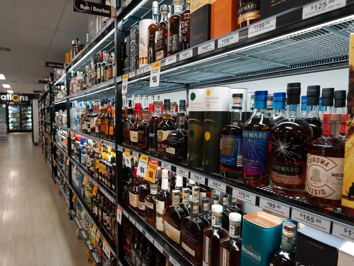 LED strip lighting on the spirits shelves at Monbulk Cellarbrations