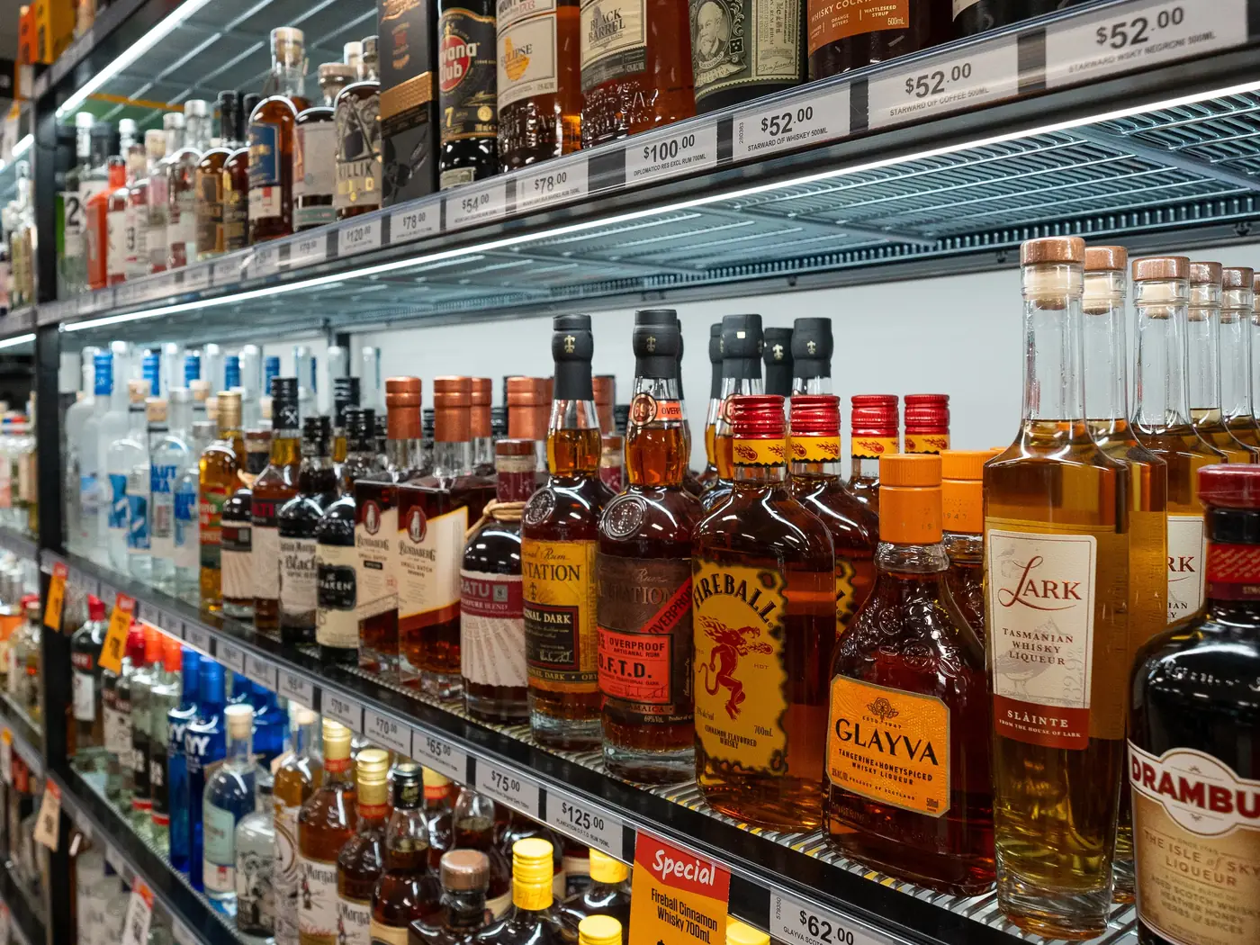 Close-up of the LED-lit whisky display at Monbulk Cellarbrations