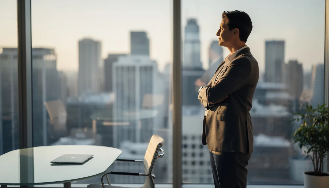 A professional sits at a modern office desk, gazing thoughtfully out the window at a city skyline, embodying a moment of clarity and focus amidst the demands of work. This scene highlights the importance of managing stress and maintaining mental well-being for sustained attention and long-term productivity.