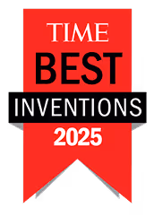 Logo with red ribbon and black and white text, reading "TIME Best Inventions 2025." LiquiDonate was named one of TIME's Best Inventions of 2025 for circular logistics software. 