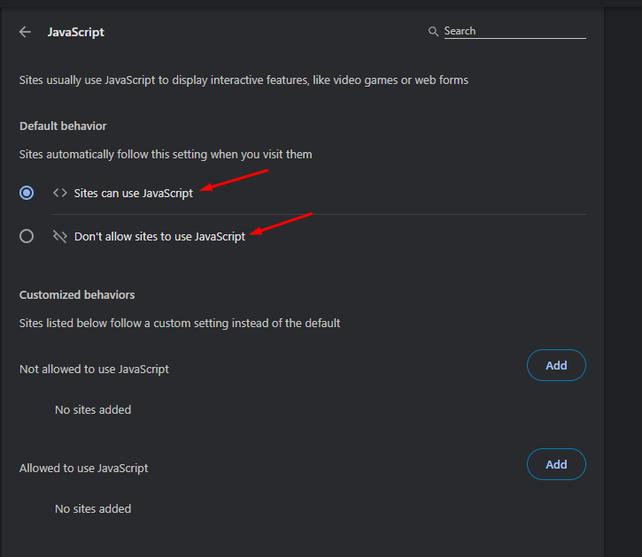 Set "Sites can use JavaScript"