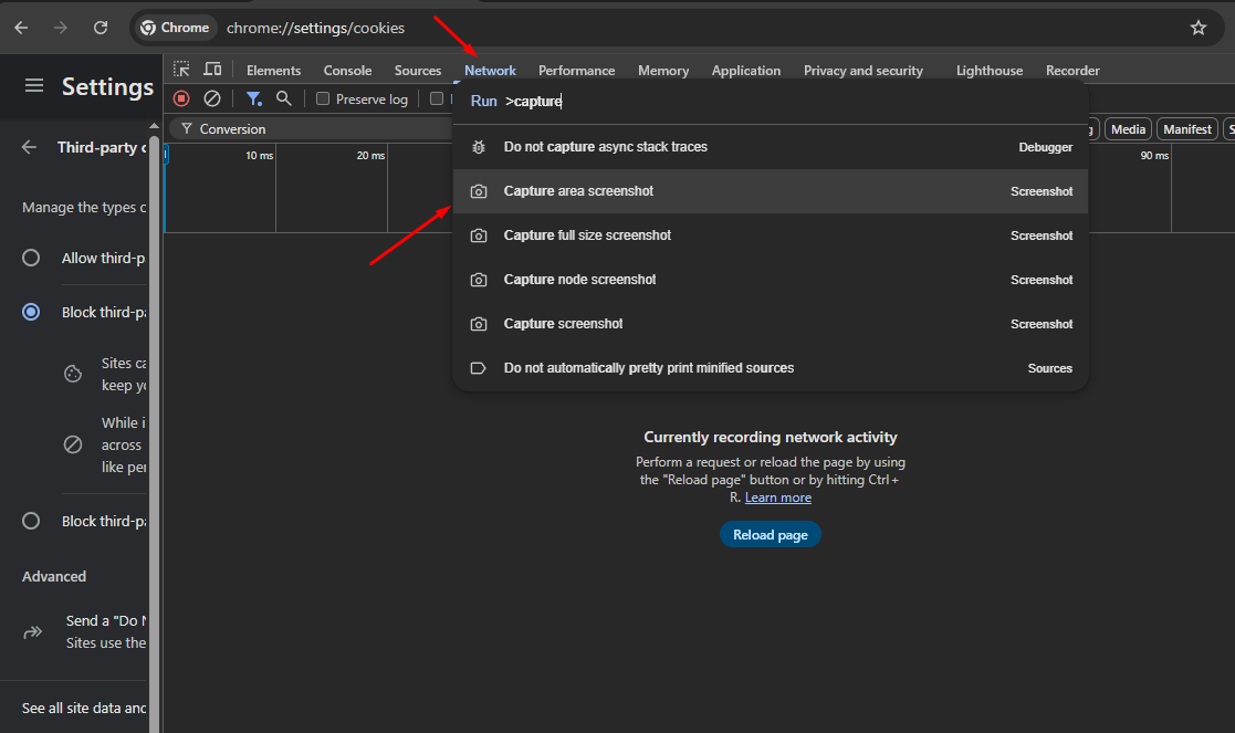 Write "capture" in Network Section and choose Screenshot settings