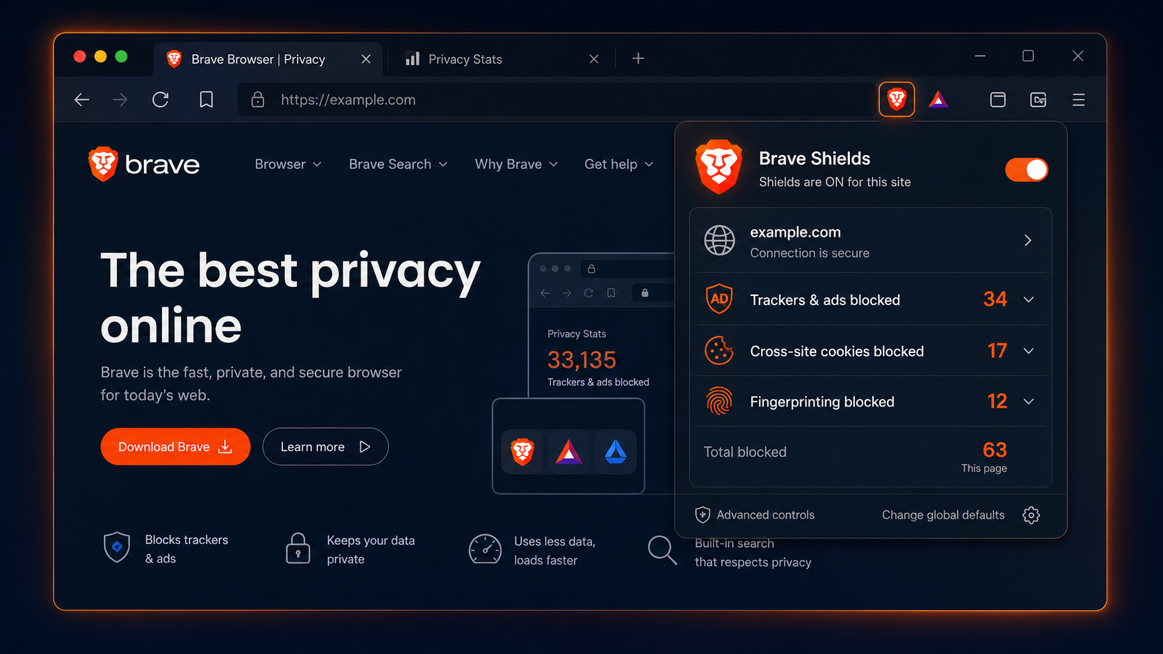 Brave Browser interface showing Brave Shields privacy controls