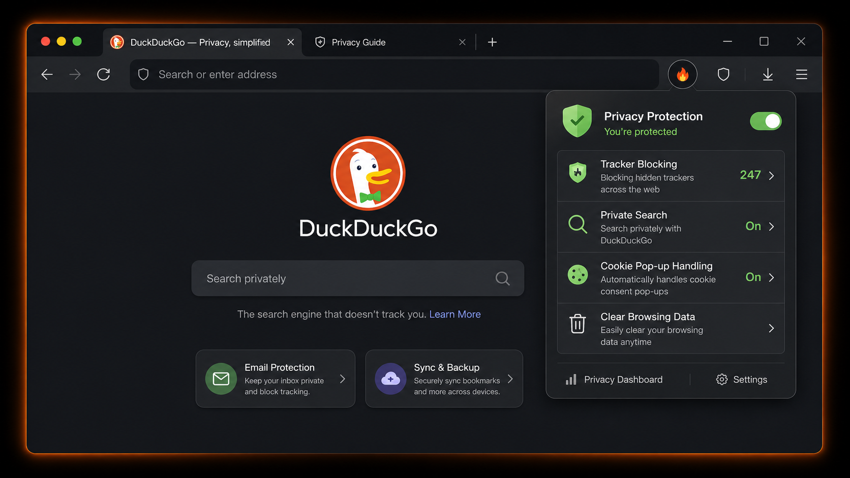 DuckDuckGo Browser interface showing private search and Fire Button
