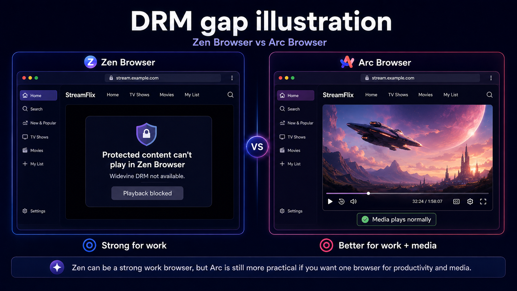 Zen Browser DRM support gap compared with Arc Browser for streaming services