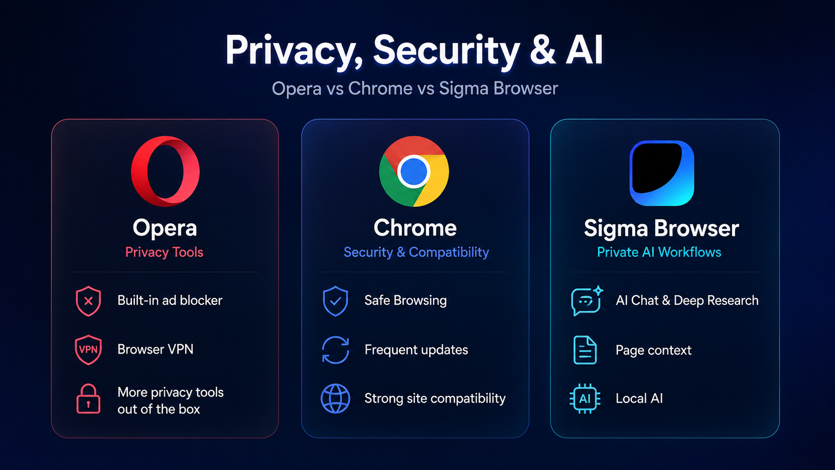 Opera vs Chrome privacy security and AI features compared with Sigma Browser as private AI option