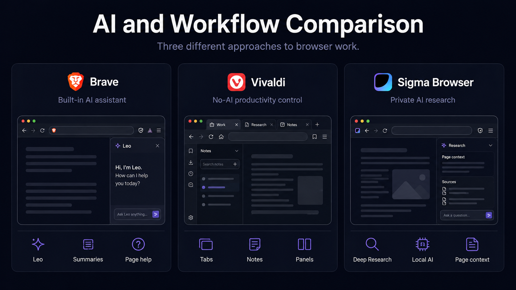Vivaldi Brave and Sigma compared for AI productivity workflow and private research