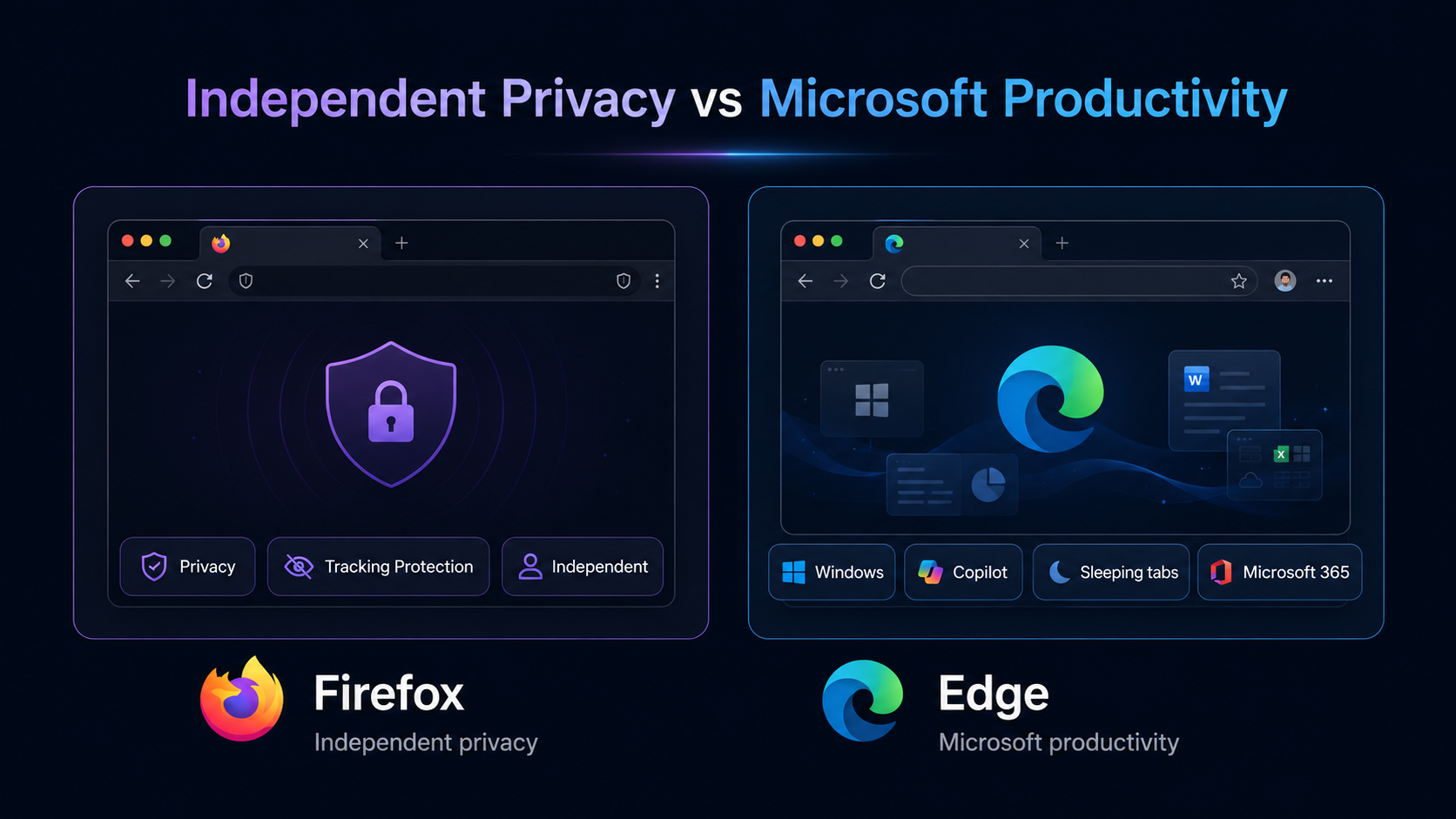 Firefox independent privacy compared with Microsoft Edge productivity ecosystem in 2026