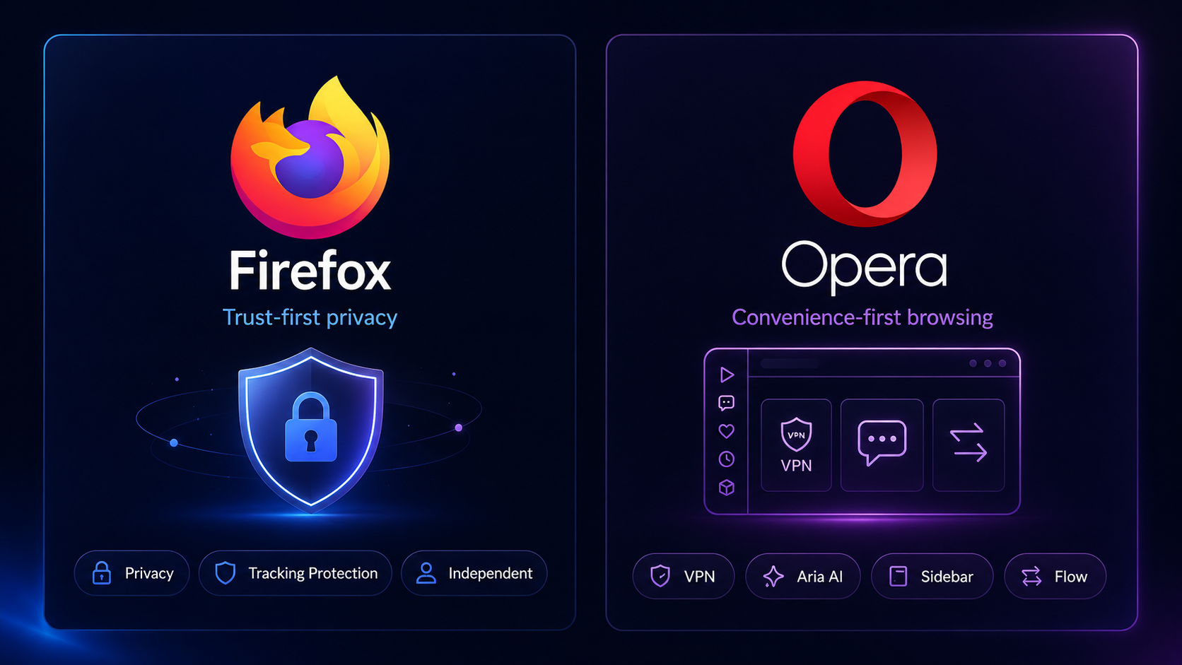 Firefox trust-first privacy compared with Opera convenience-first browser tools in 2026