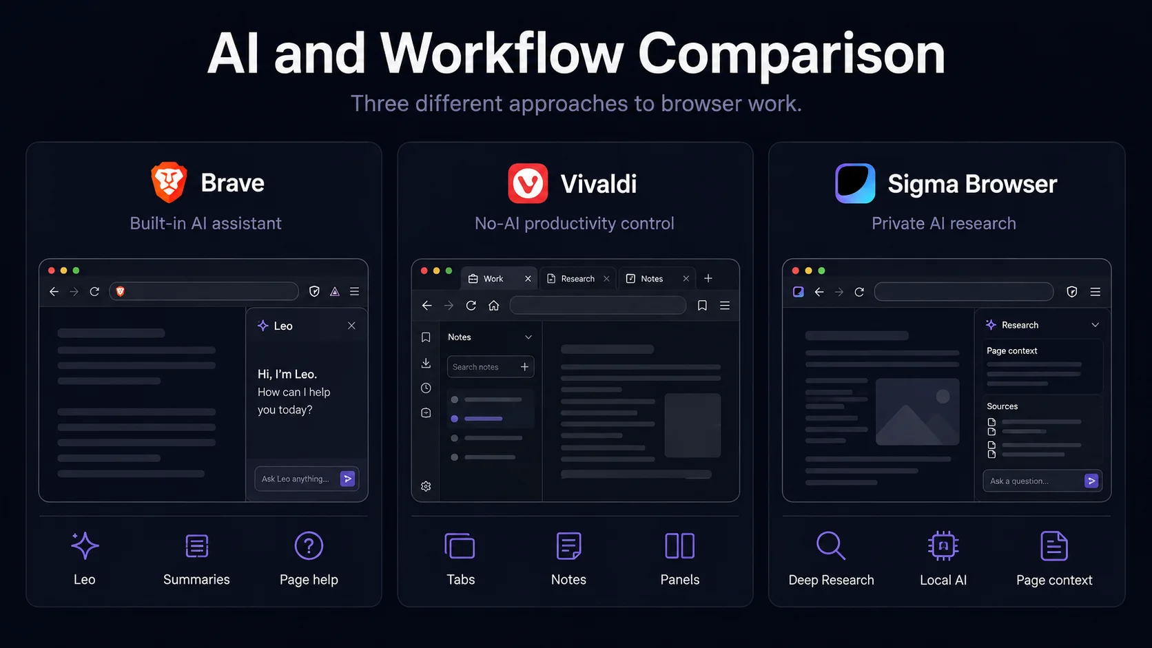 Vivaldi Brave and Sigma compared for AI productivity workflow and private research
