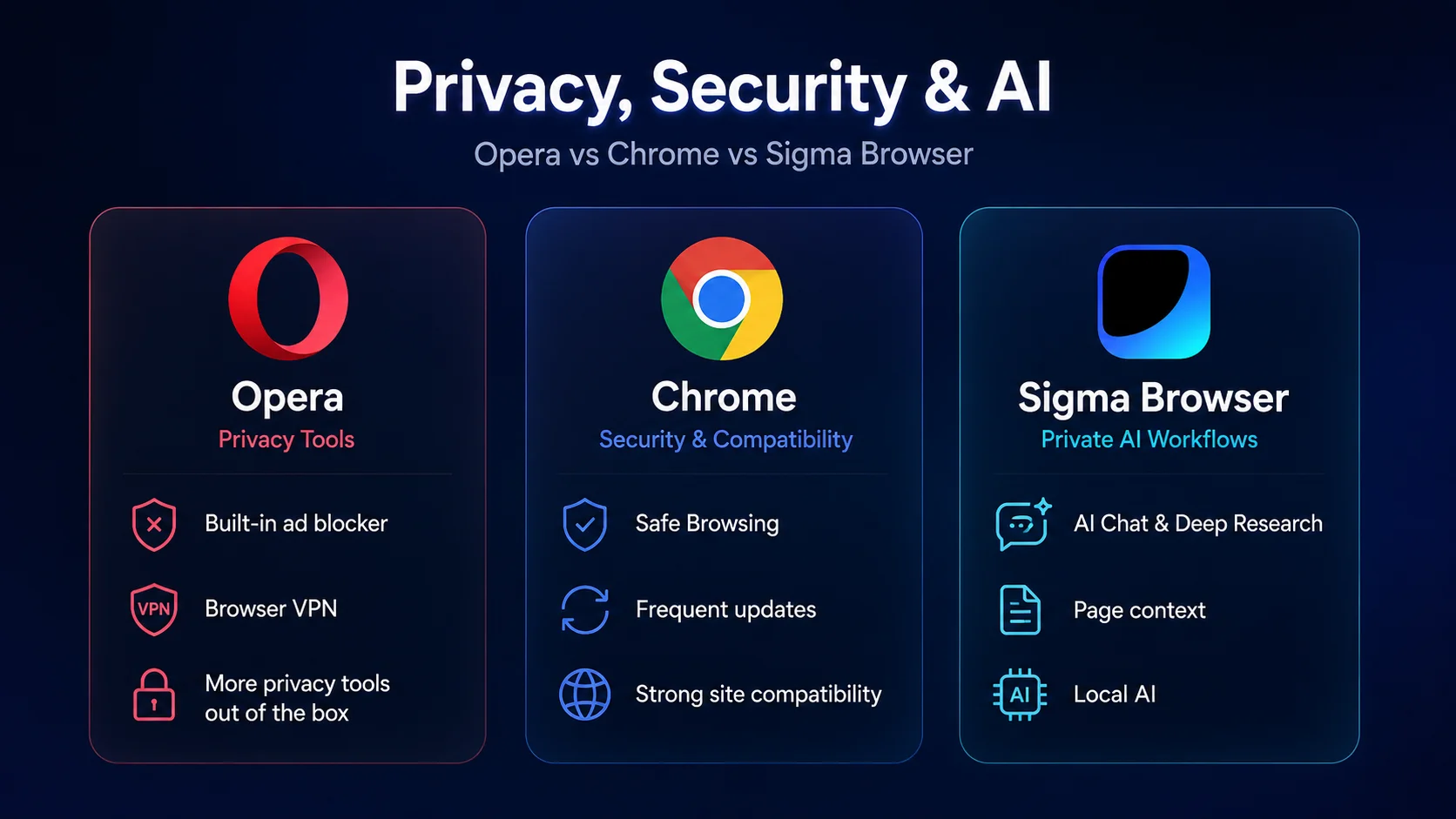 Opera vs Chrome privacy security and AI features compared with Sigma Browser as private AI option