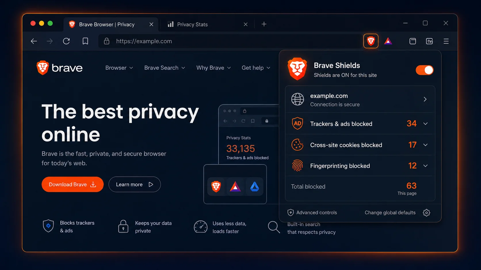 Brave Browser interface showing Brave Shields privacy controls