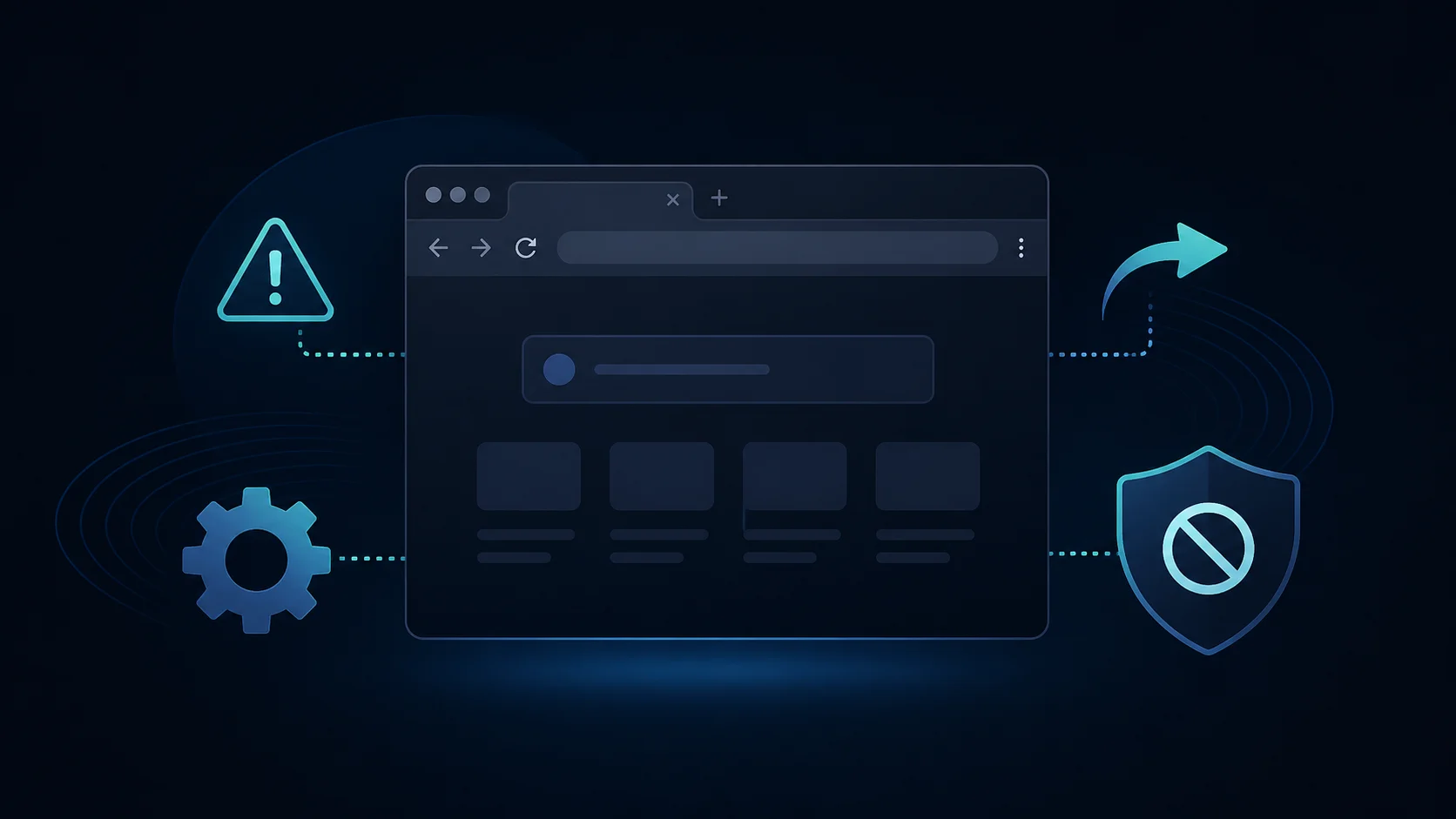 Browser window with warning and privacy icons