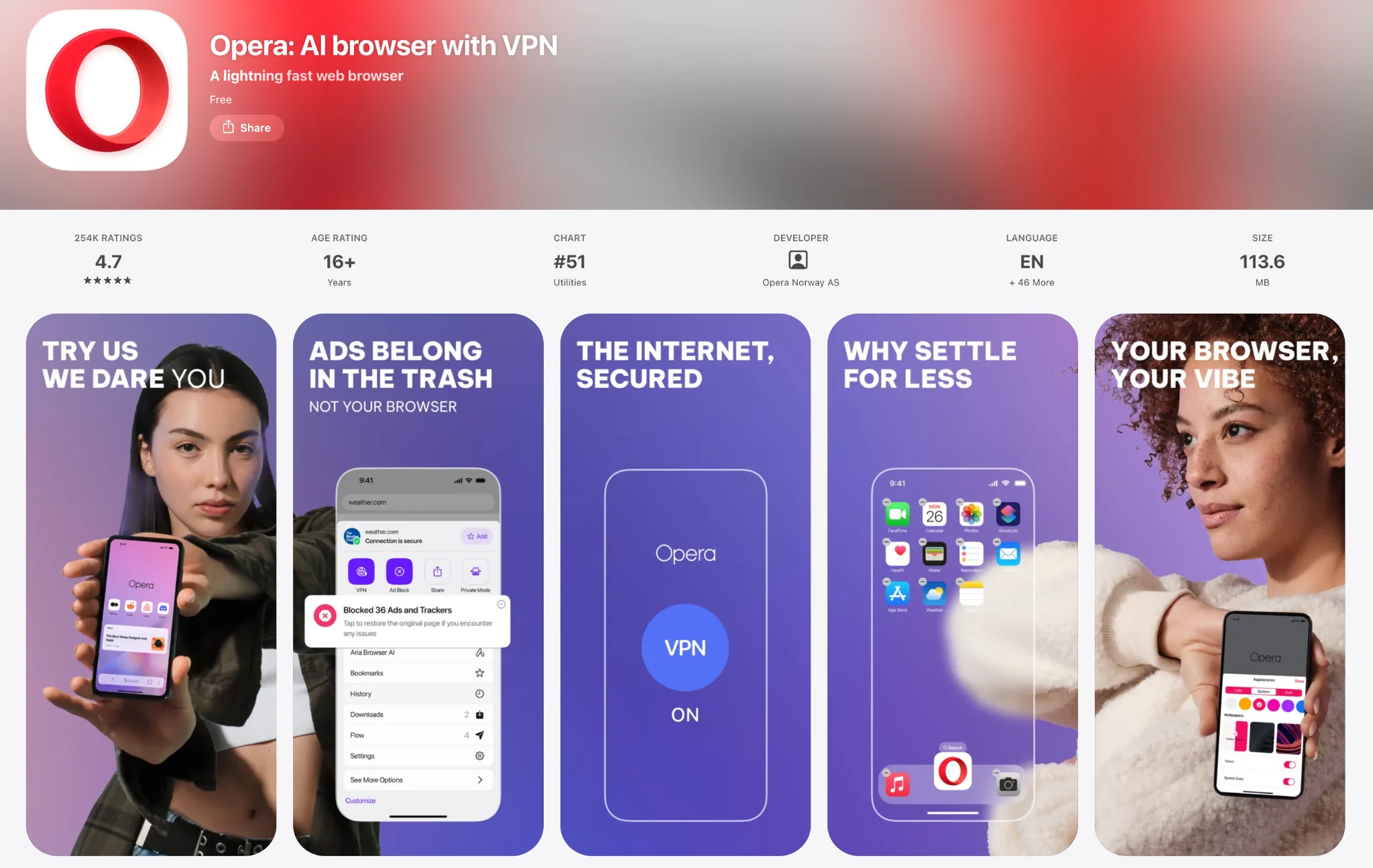 Opera browser with Aria AI on the App Store