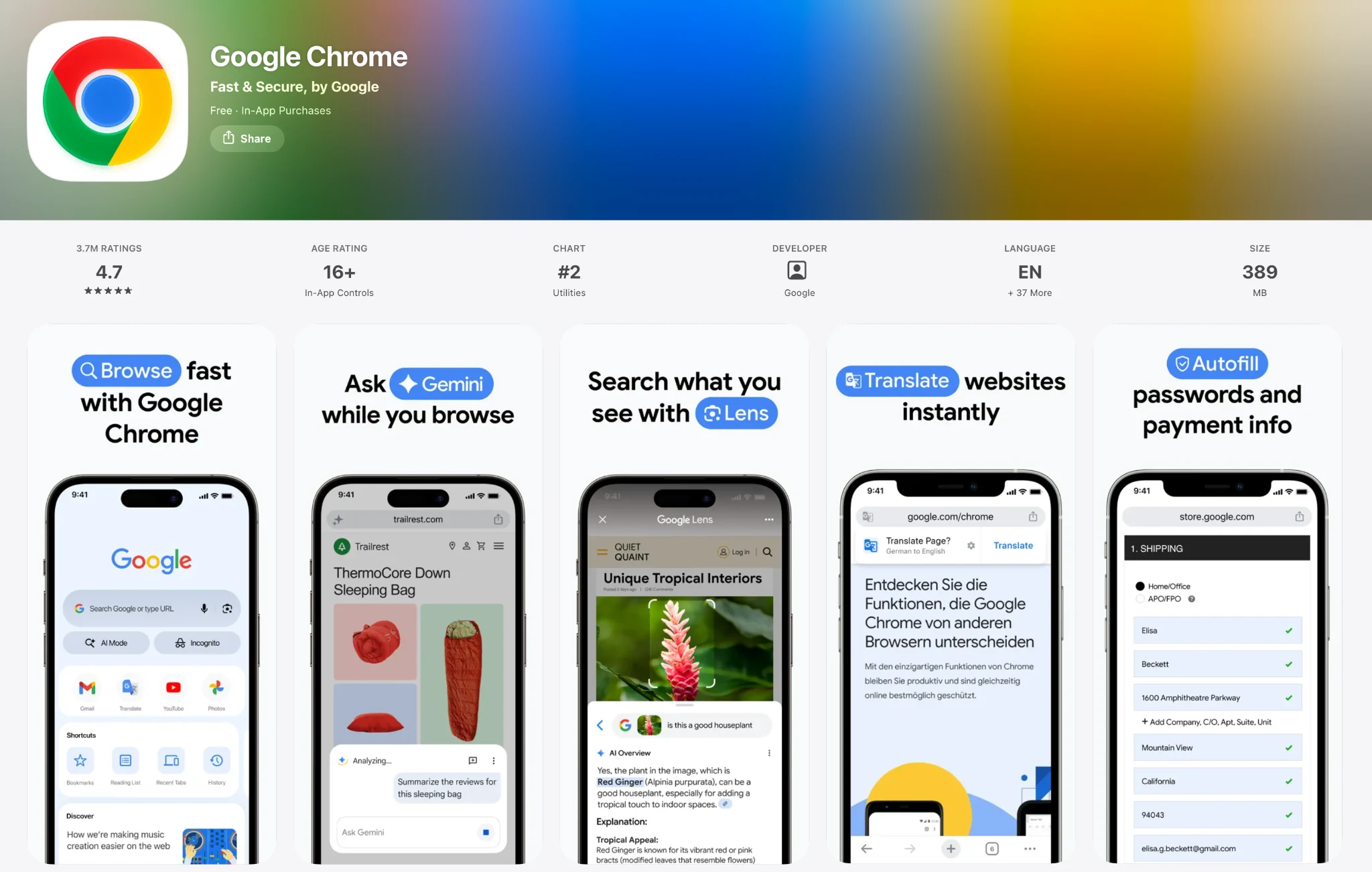 Google Chrome with Gemini on the App Store