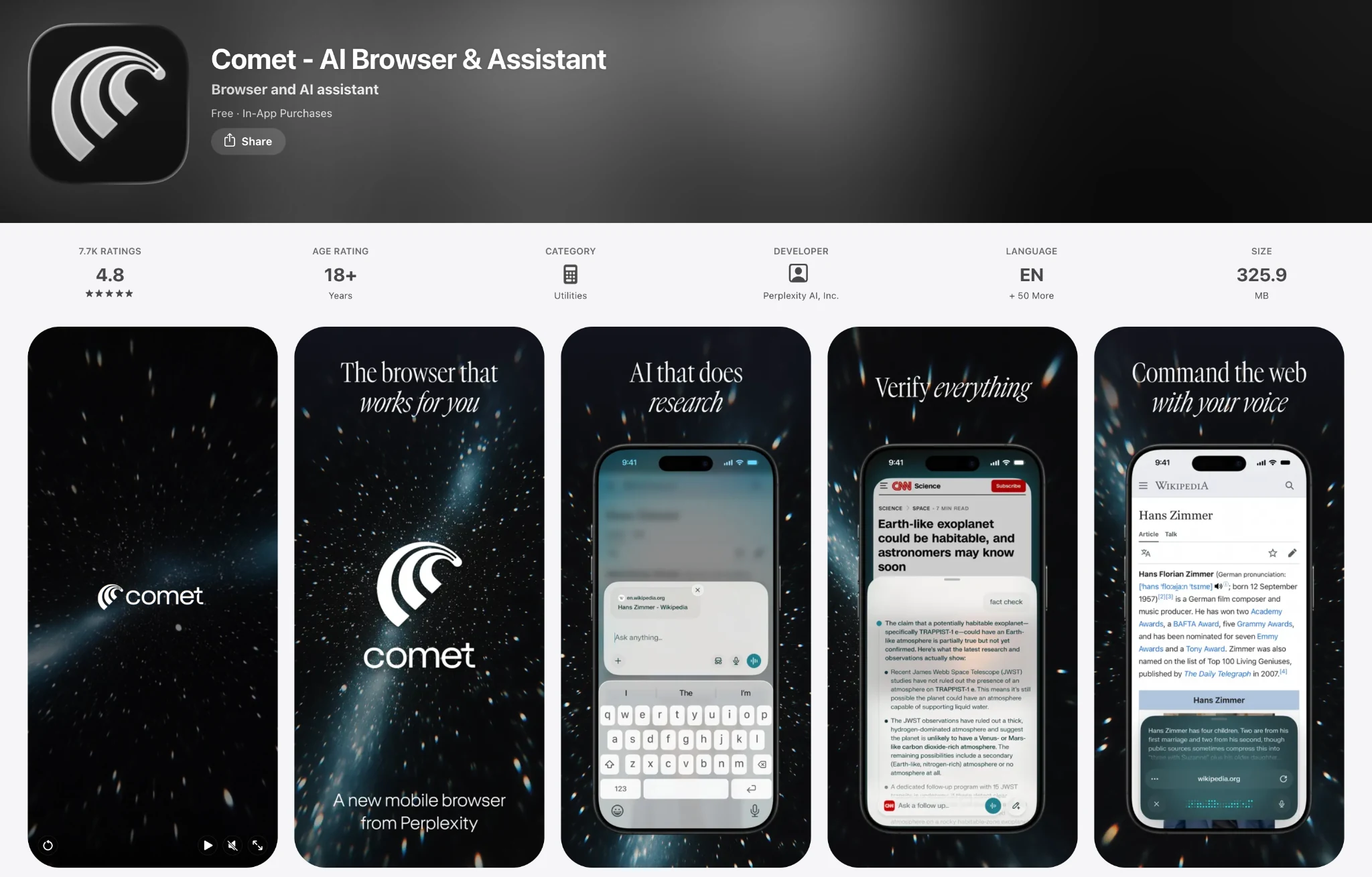 Perplexity Comet browser on the App Store