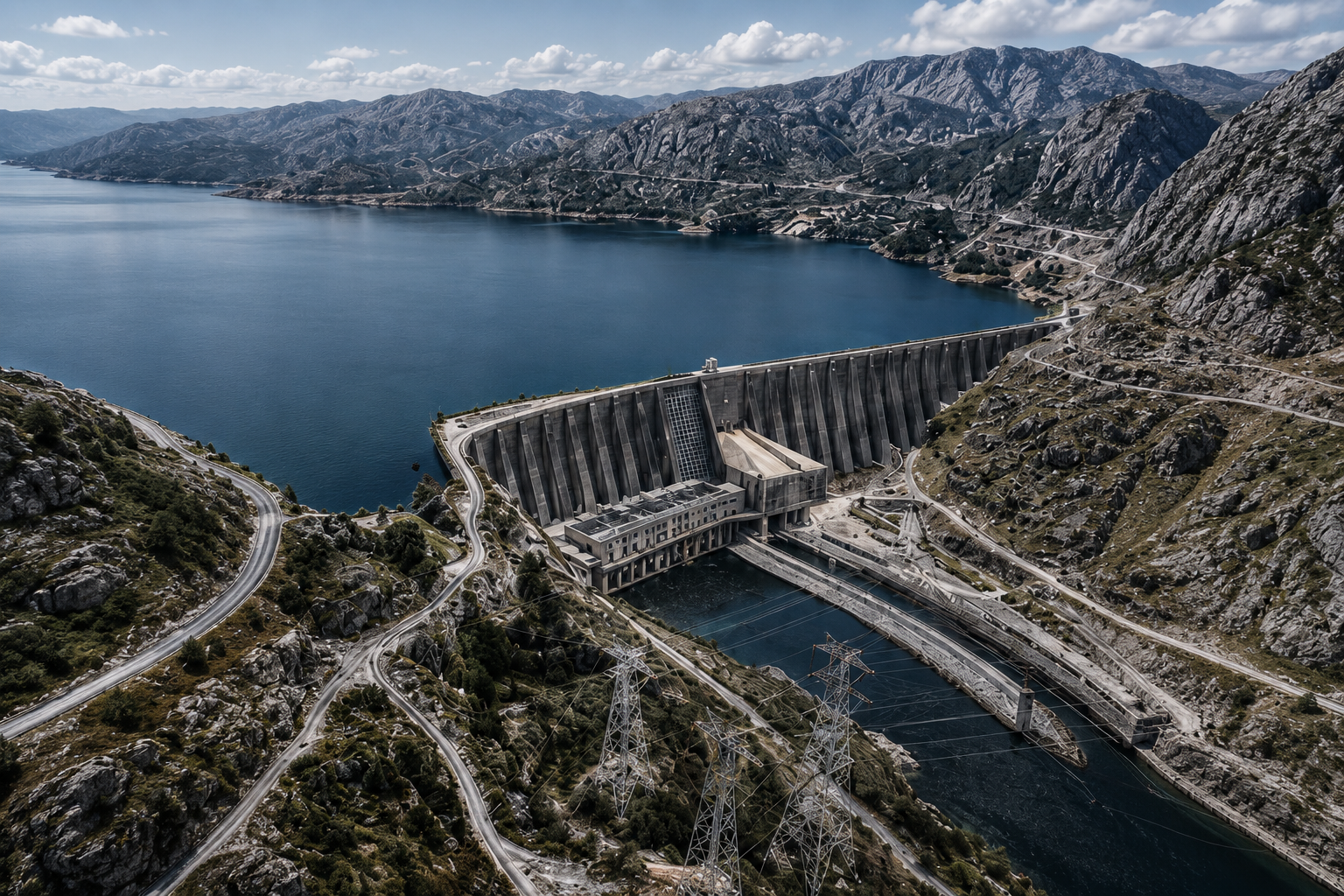Aerial view of a hydroelectric dam, reservoir and transmission lines