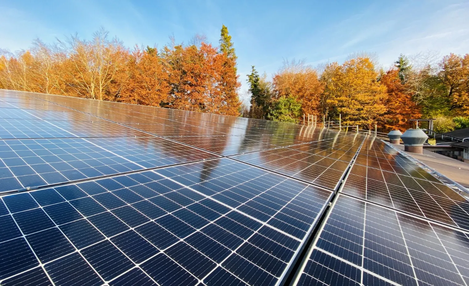 Draufsicht auf ein modernes Flachdachgebäude mit einer großflächigen Photovoltaikanlage. Die Solarpaneele sind in mehreren Reihen angeordnet, mit begrünten Flächen dazwischen.