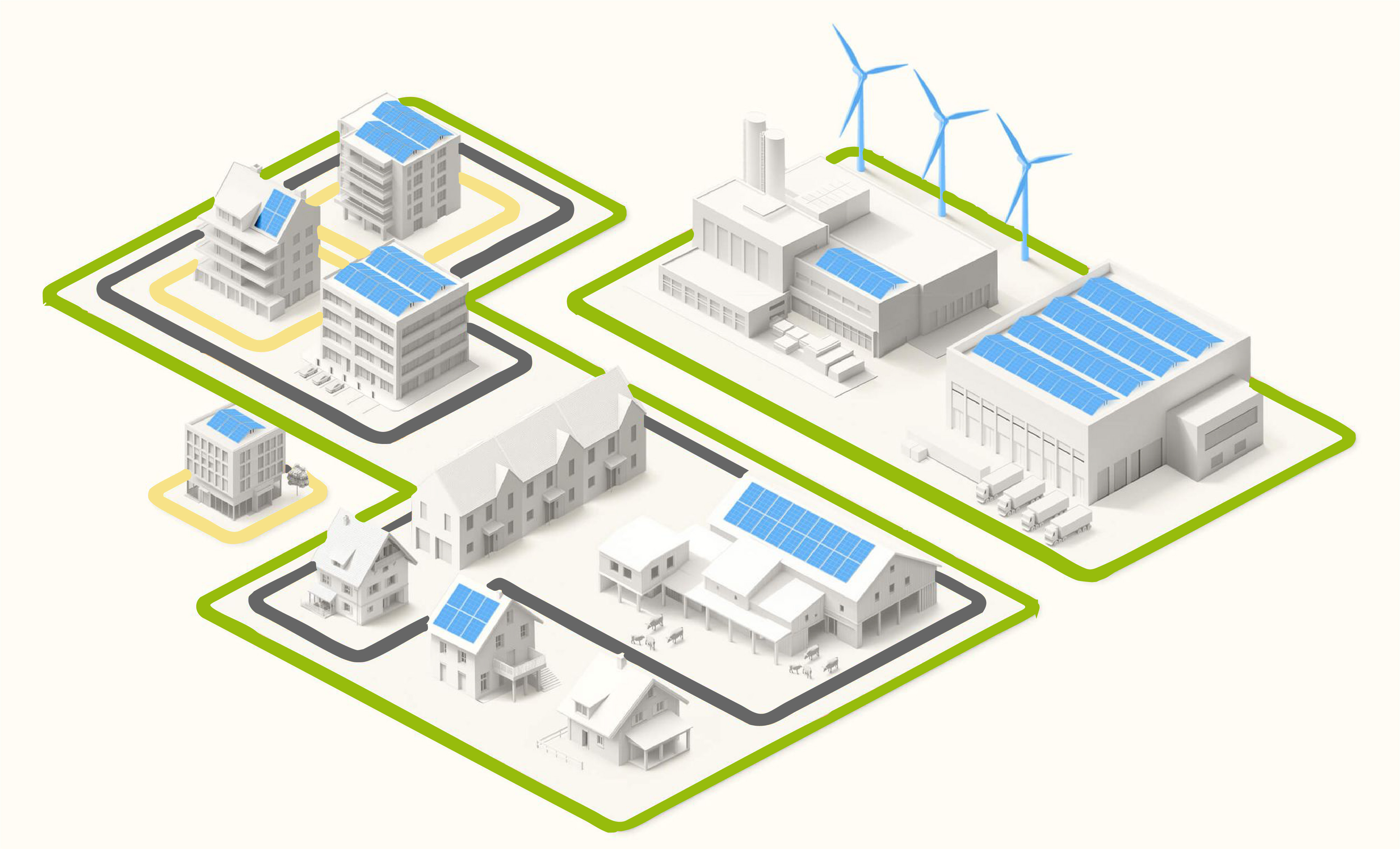 Draufsicht auf ein modernes Flachdachgebäude mit einer großflächigen Photovoltaikanlage. Die Solarpaneele sind in mehreren Reihen angeordnet, mit begrünten Flächen dazwischen. 