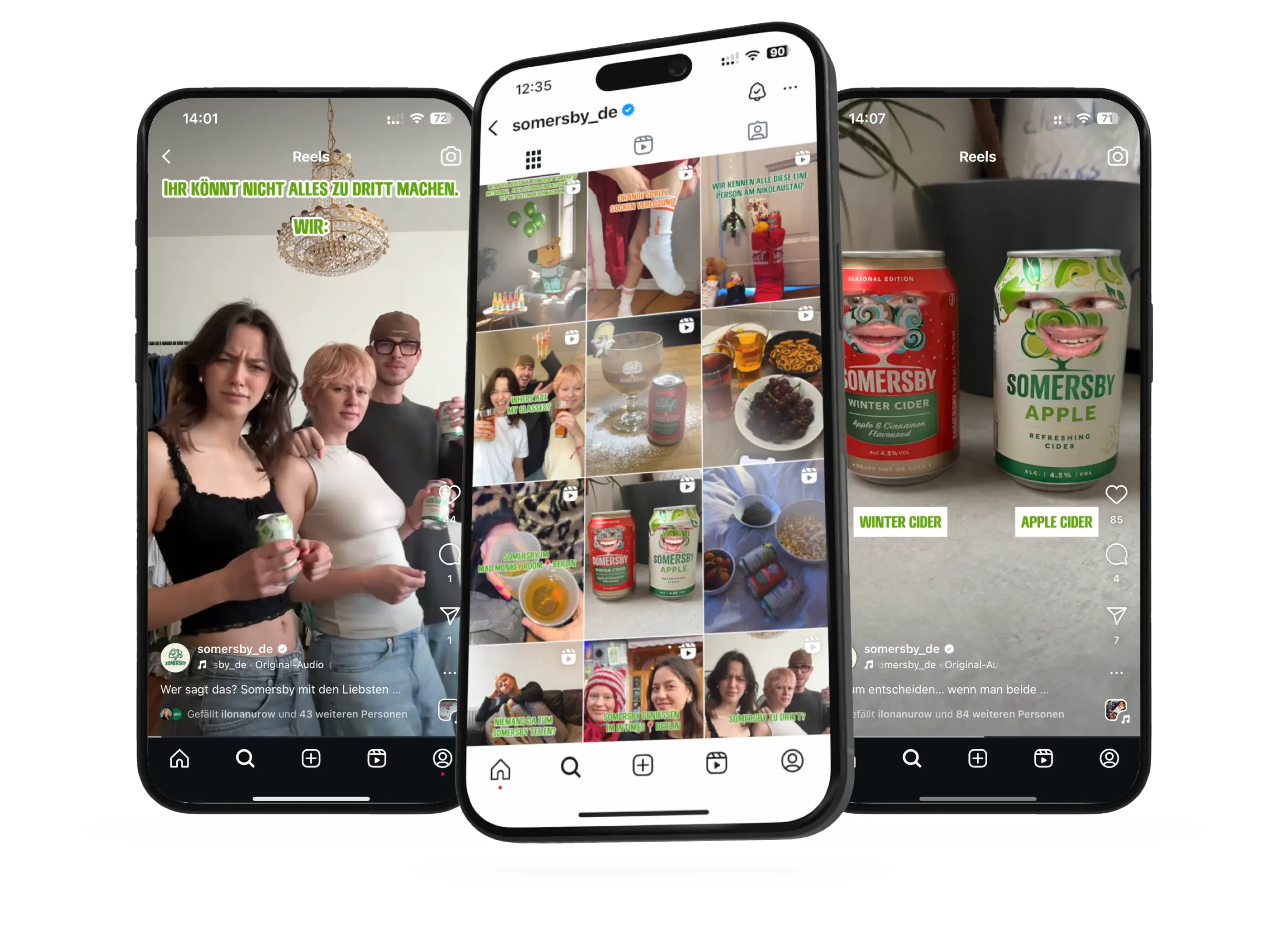 Ein Mockup von drei Handys mit Somersby Social Media Beiträgen