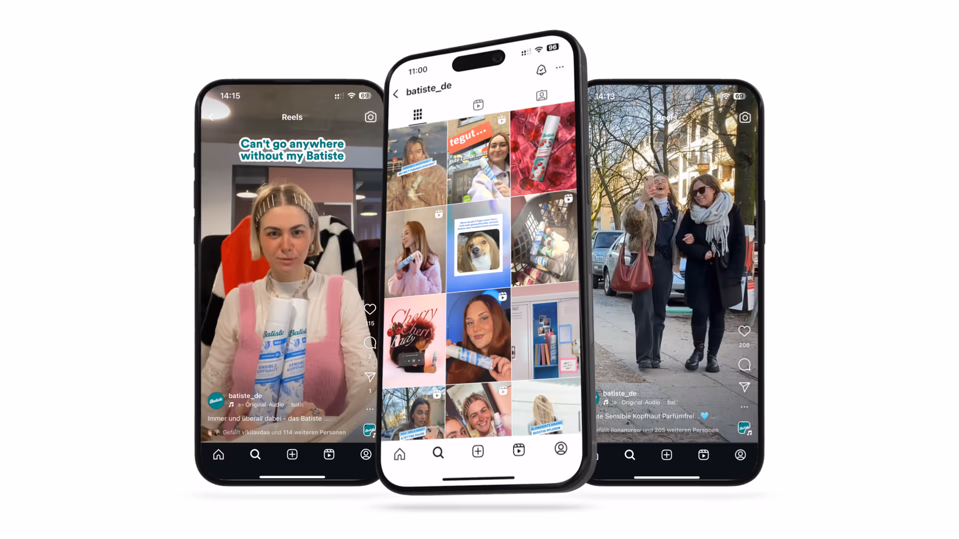 Mockup von drei handys mit Social Media Posts von Batiste