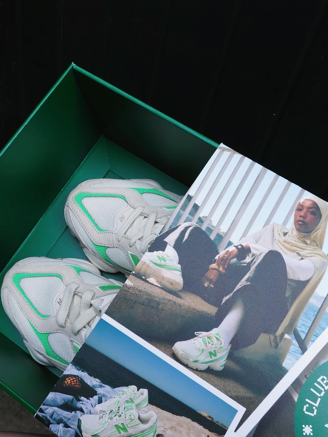 New Balance x Foot Locker Club Ivy sneakers in mint and white colorway displayed with campaign imagery.