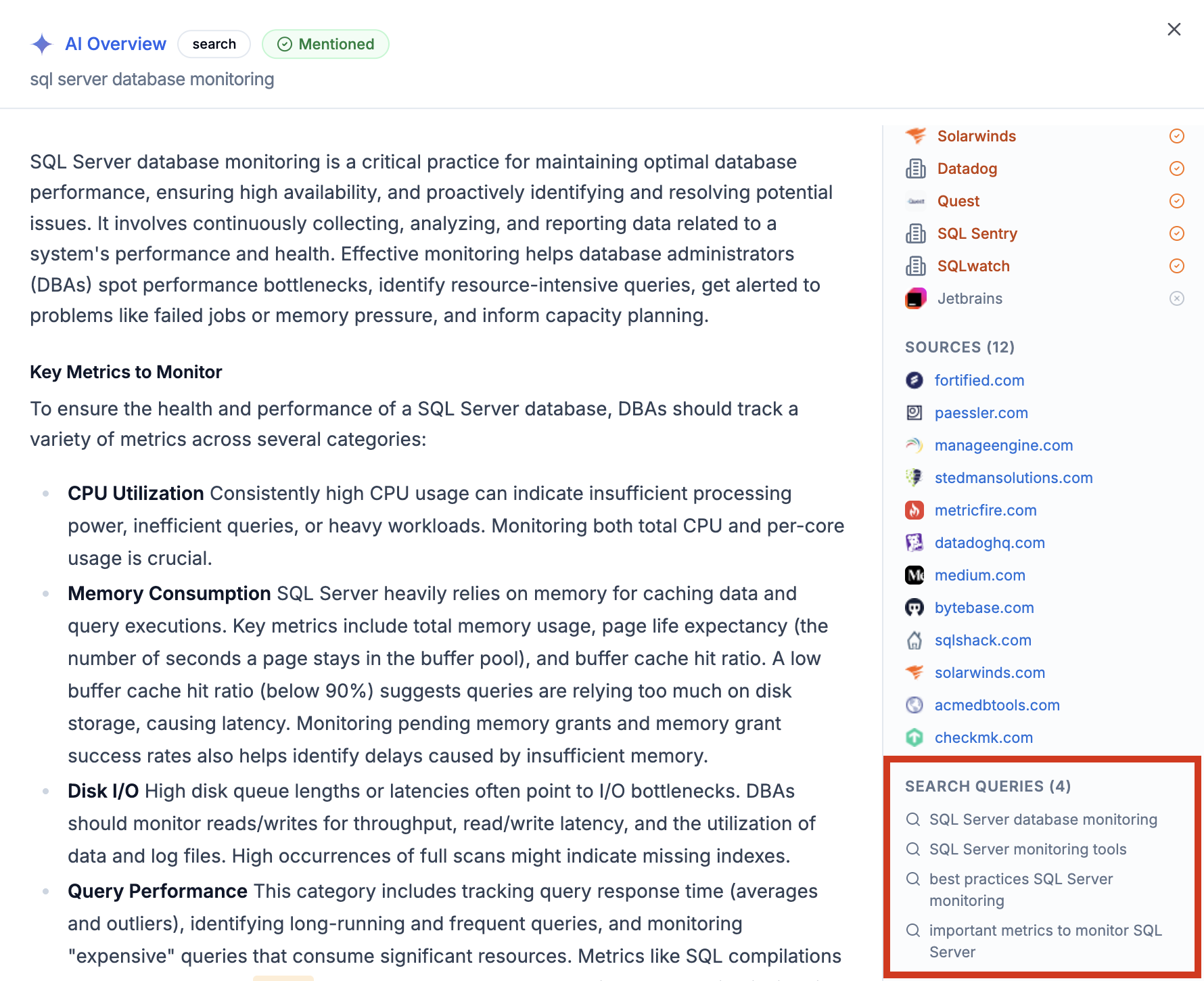 Google AI Overview showing 4 grounding search queries for sql server database monitoring