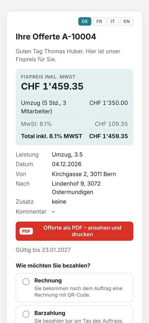 Die Offerte, wie der Kunde sie auf dem Handy sieht