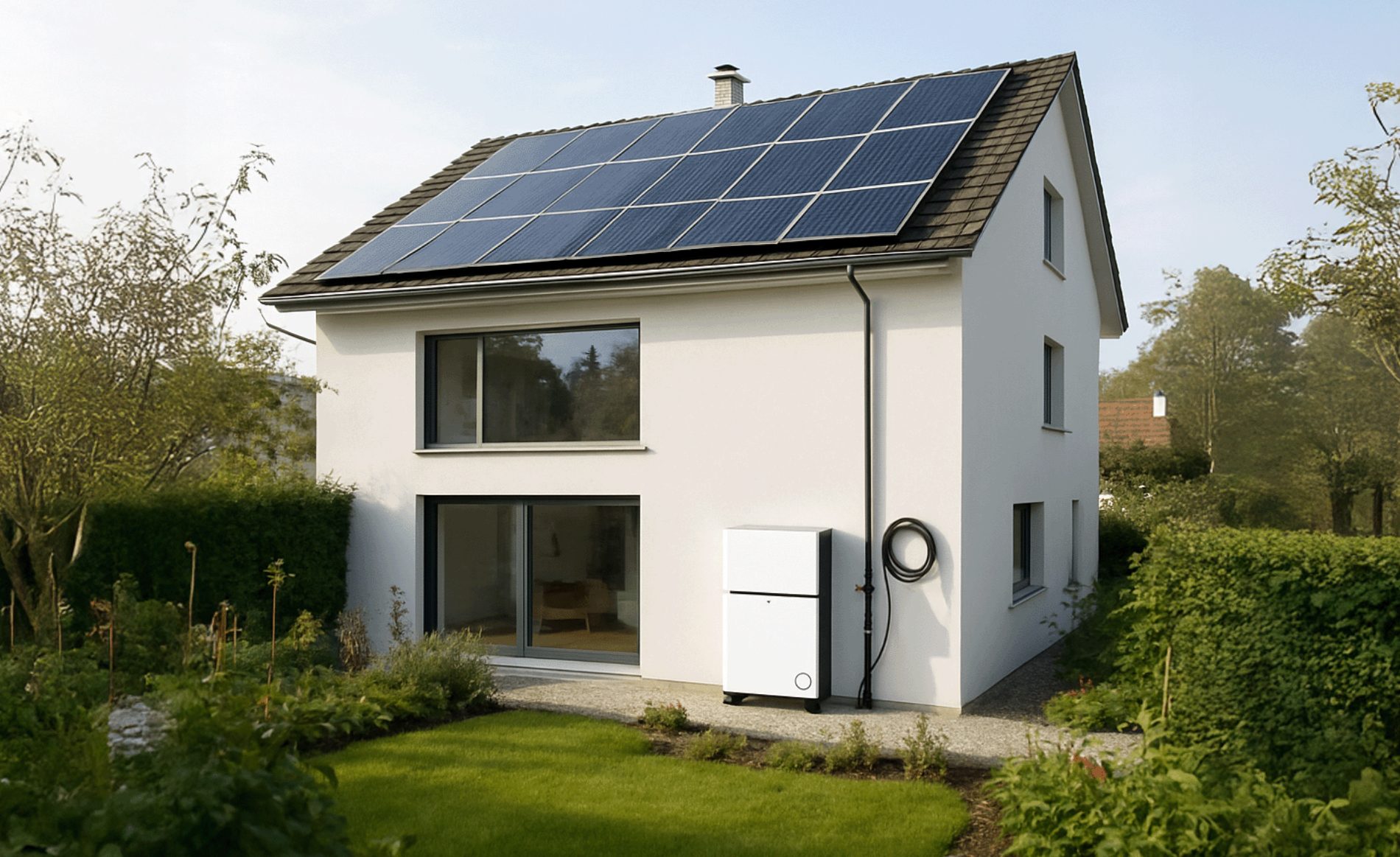 Einfamilienhaus mit grossflächiger Photovoltaikanlage auf allen Dachseiten – Beispielanlage zur Gegenüberstellung von Salzspeicher- und Lithiumspeicher-Lösungen für die Solarstromnutzung