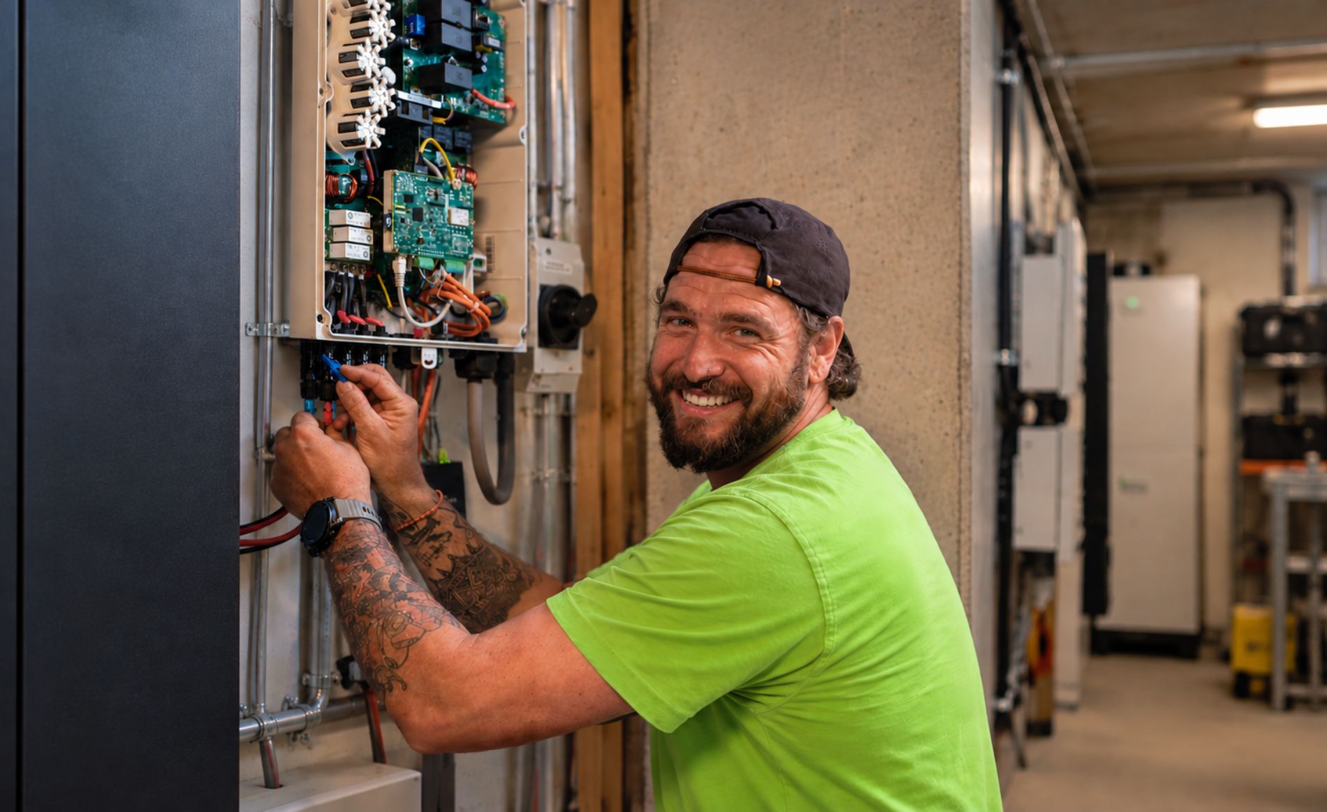Photovoltaik Service Mitarbeiter prüft die Anlage mit Stromspeicher