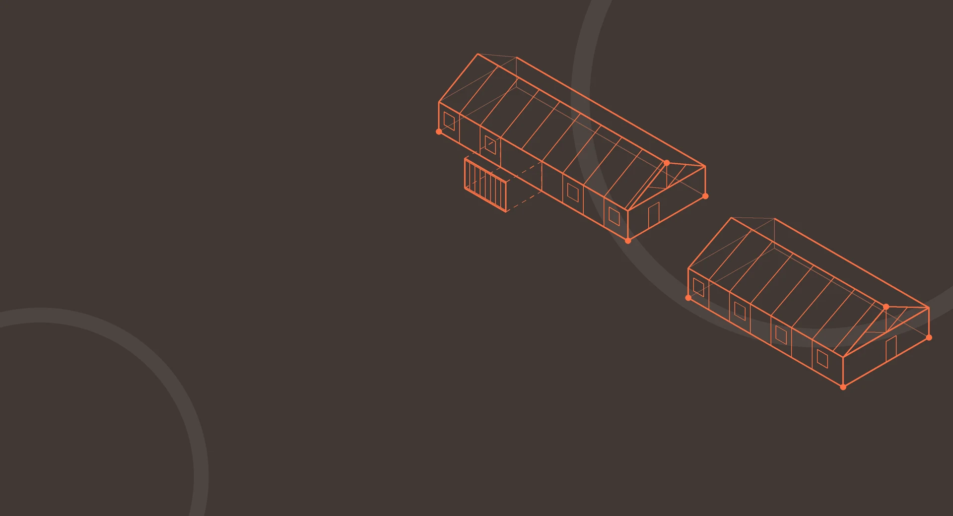 Illustration av två LSS-gruppbostäder i ett plan med takstolar och väggelement, projekterade av BTIB & Partners i Vallentuna och Oskarshamn