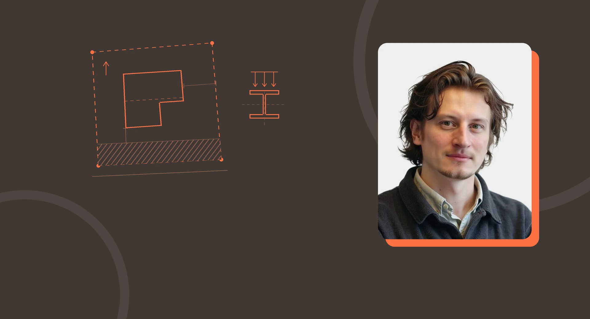 Jacob Stengård, projektledare och partner på BTIB & Partners, bredvid en illustration av en situationsplan och en stålbalk