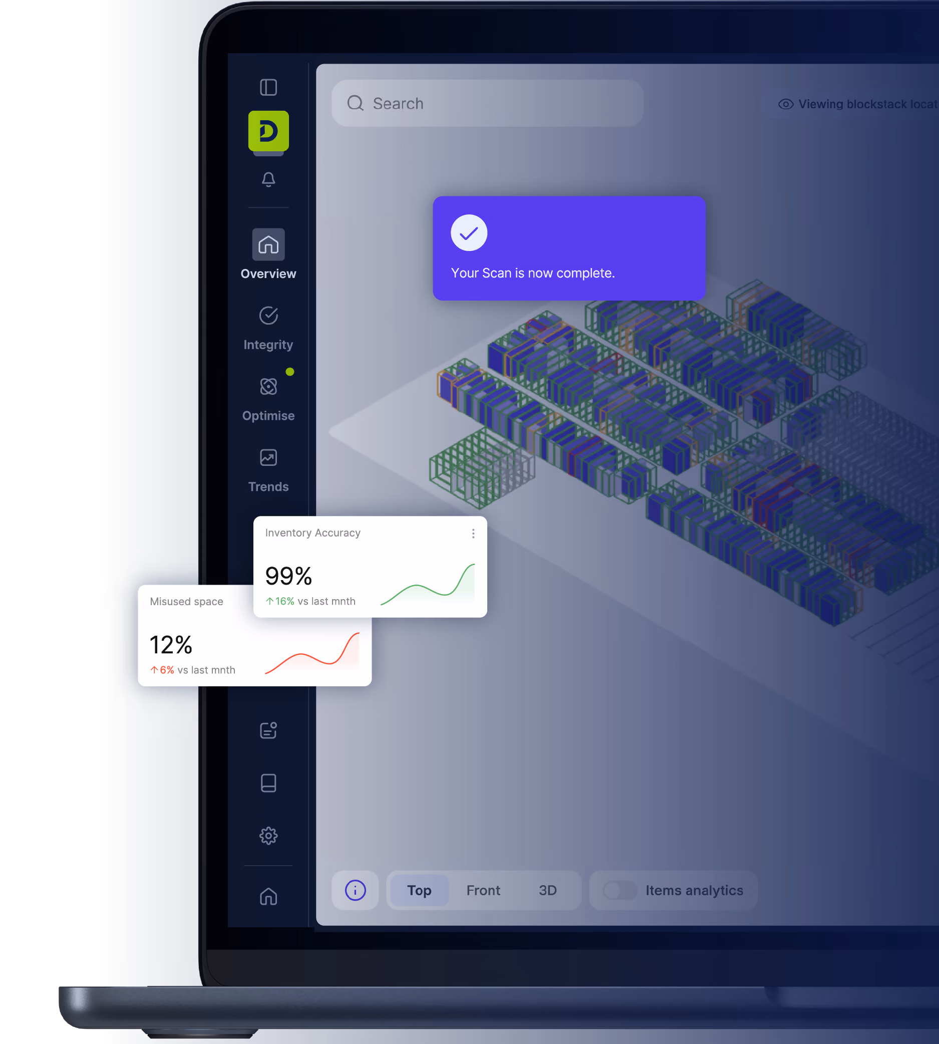 DexoryView dashboard on a laptop showing a completed warehouse scan, 99% inventory accuracy and a 3D digital twin of the racking