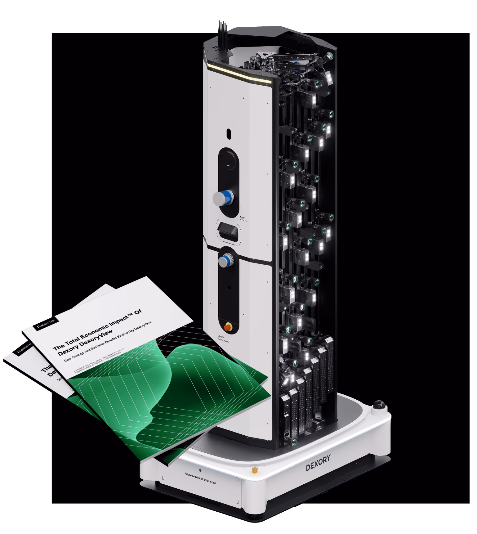 Dexory autonomous scanning robot beside the Total Economic Impact of Dexory DexoryView report