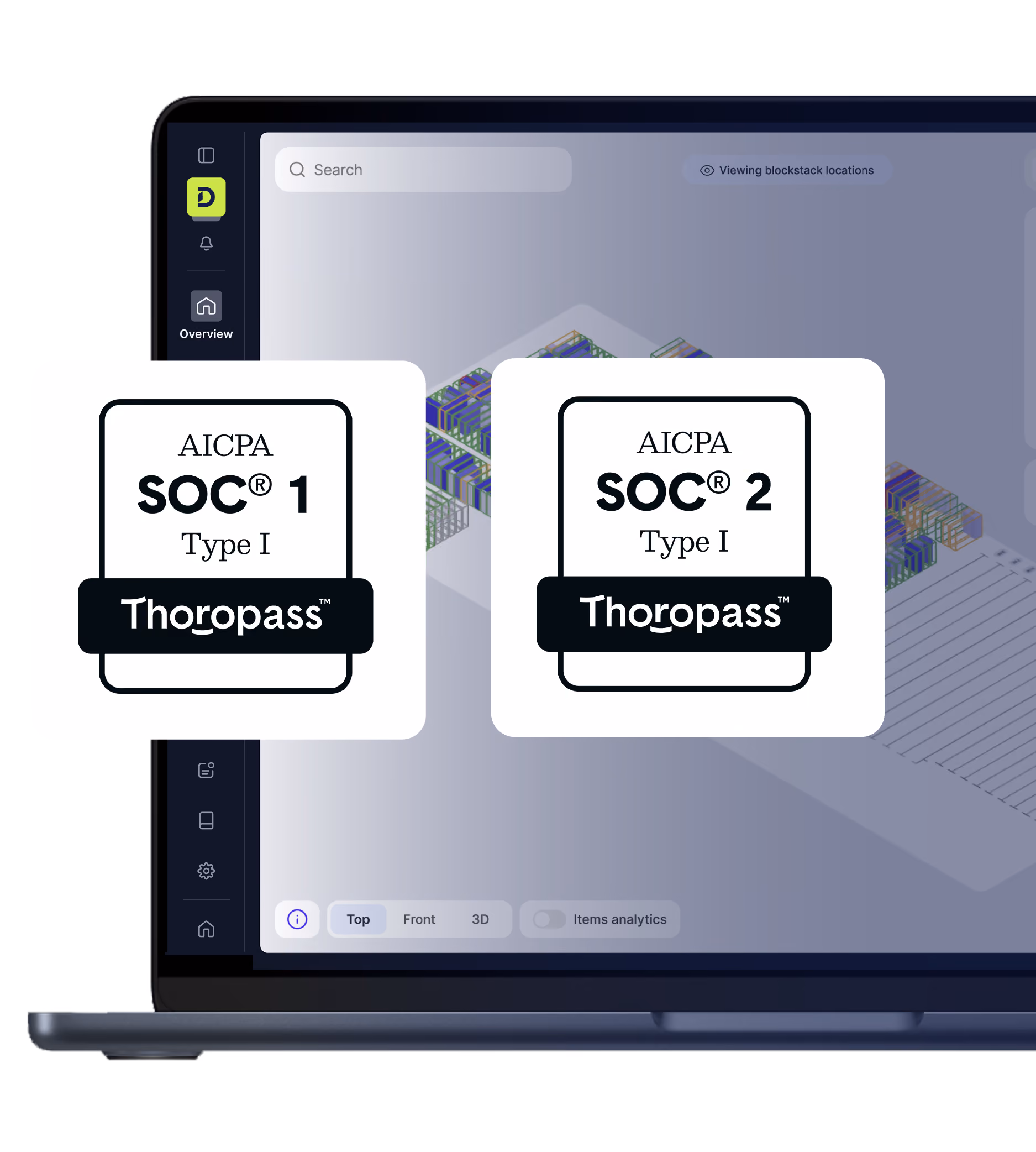 DexoryView software security verification featuring Thoropass AICPA SOC 1 and SOC 2 Type I compliance seals.