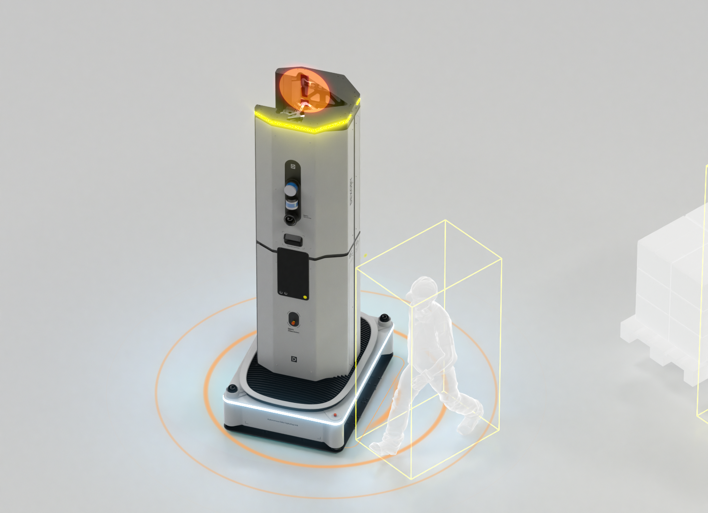 Schematic showing the Dexory robot detecting a human in its path