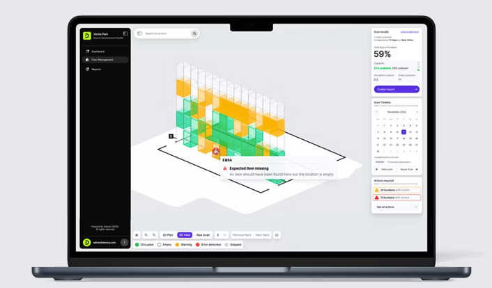 Screenshot of DexoryView showing a coloured 3D model of a warehouse rack