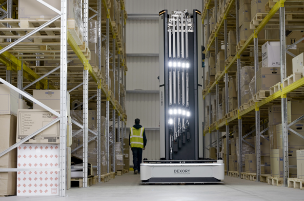 Side view of the Dexory robot showing small black computers at the bottom of each of the scanning rails