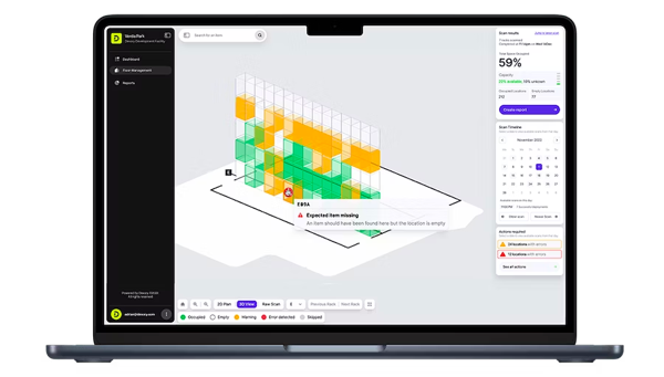 Screenshot of DexoryView software showing a colored 3D representation of a rack with locations colored to status