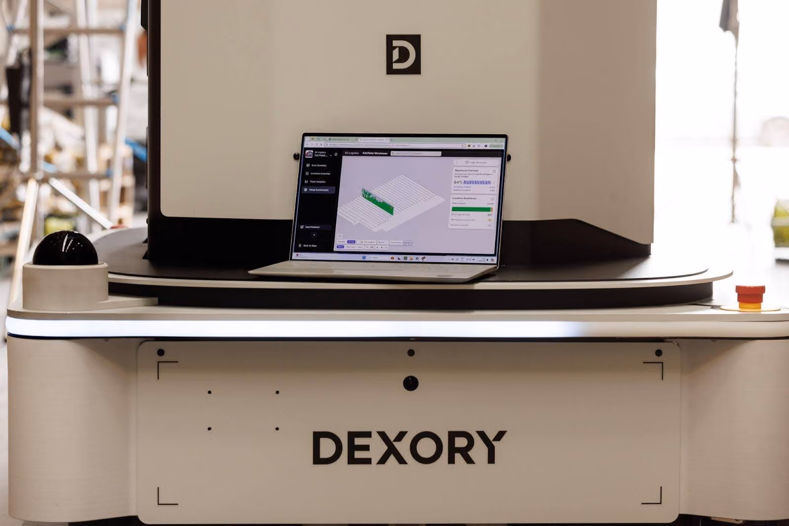 Laptop showing DexoryView software on the base of a Dexory robot