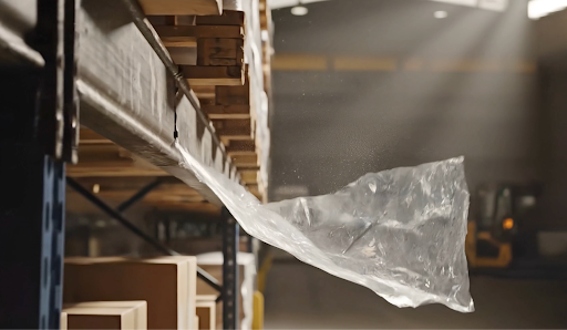Damaged warehouse pallet wrapping on racking shelf highlighting load instability and warehouse storage health risks.