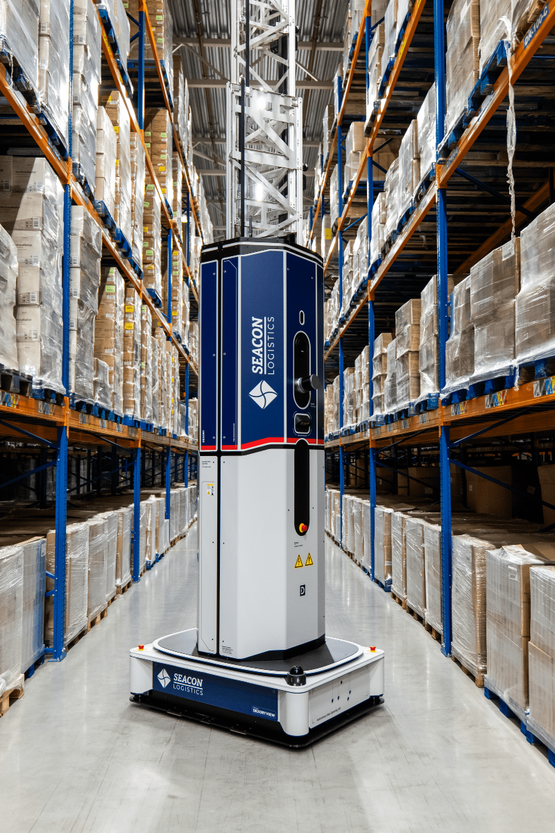 Dexory autonomous warehouse robot deployed at Seacon Logistics, providing real-time inventory accuracy, traceability and operational continuity across 90,000 m² of warehouse space.