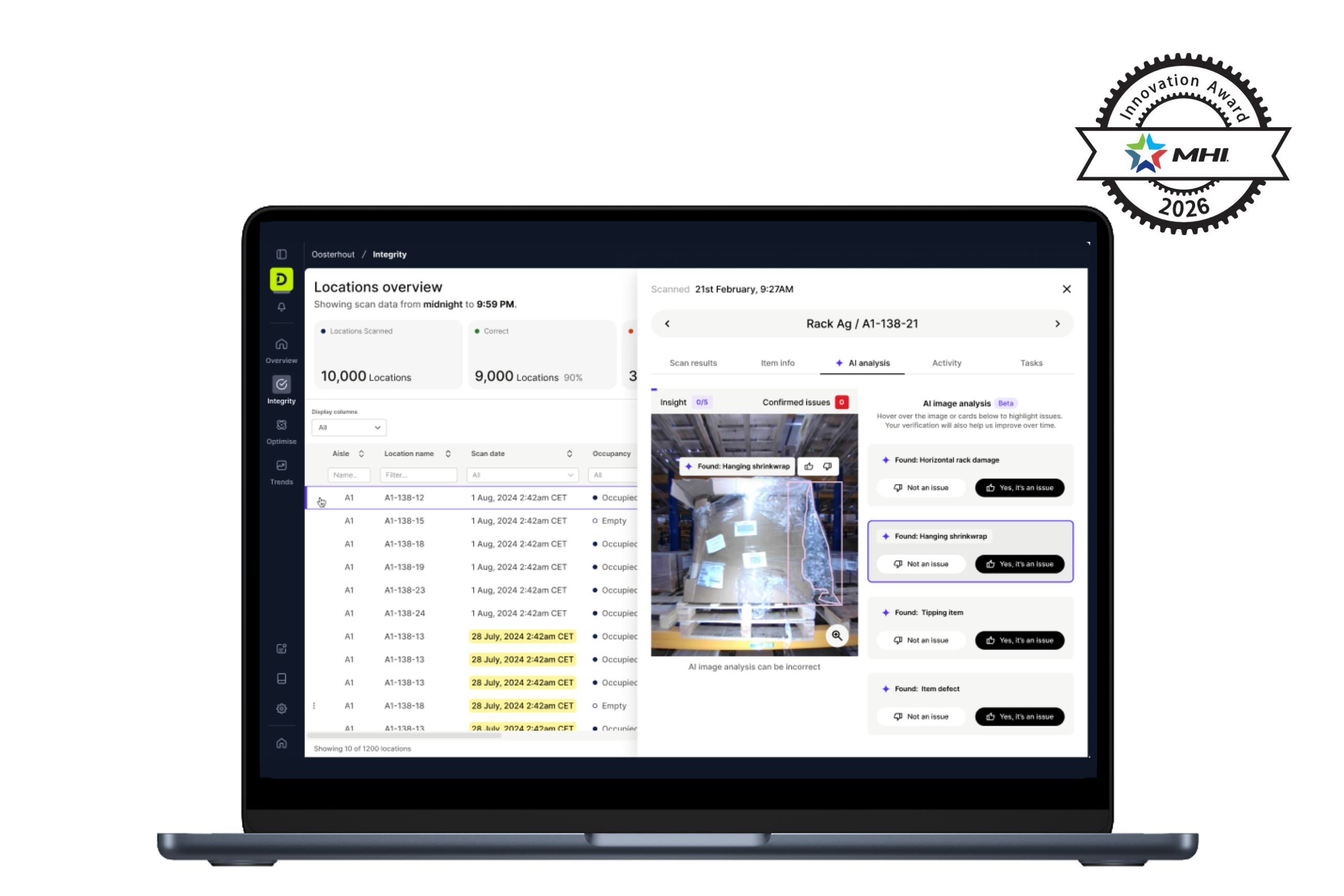 DexoryView Storage Health platform displaying AI-powered warehouse issue detection including rack damage, shrinkwrap and tipping items, winner of the MHI 2026 Best New Innovation Award at MODEX Atlanta.